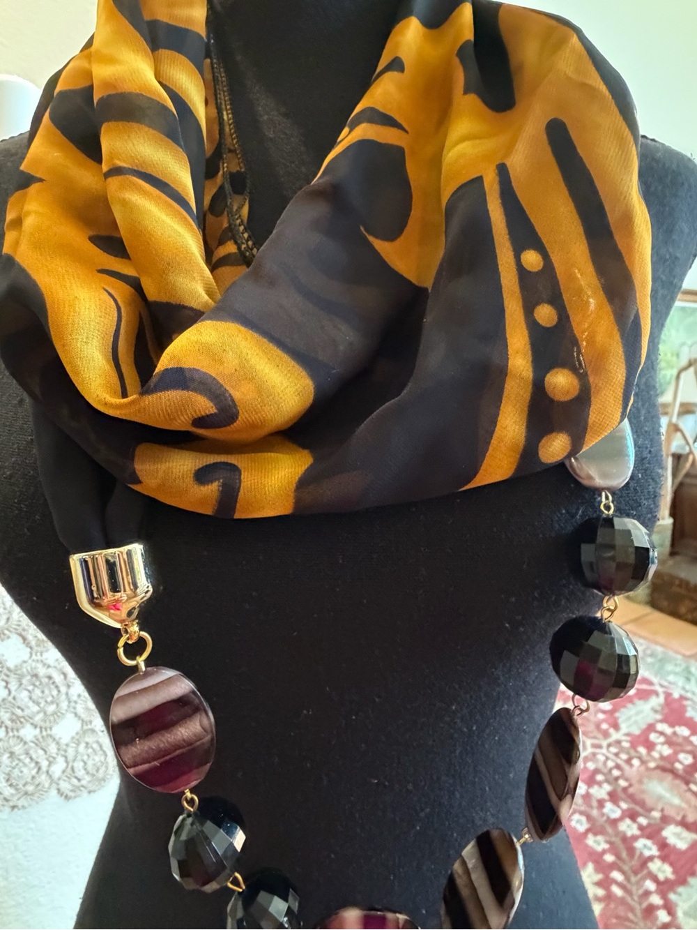 Elegant Black & Mustard Infinity Scarf Necklace with Beaded Accent - Picture 3 of 8